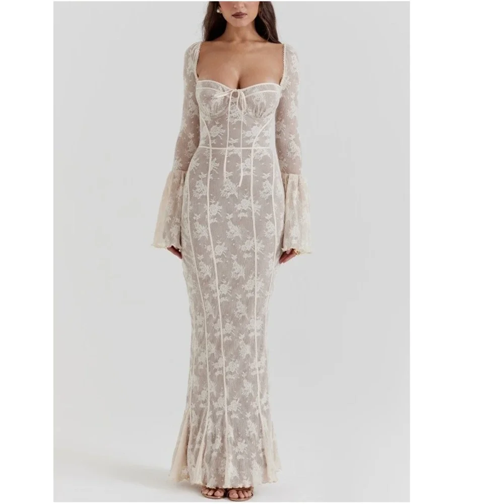 plus size cream lace maxi dress Maija Plus Size Elegant Cream White Lace Patchwork Textured Fabric Dress,Women's Boho Vacation Holiday Autumn Beach Resort Wear,Music Festival Spring Break